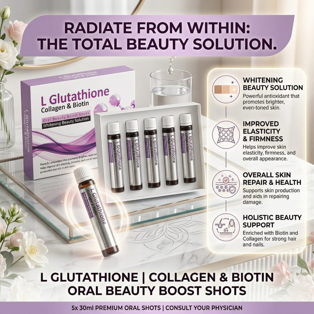 L Glutathione Collagen & Biotin Oral Beauty Shots – 5 x 30ml